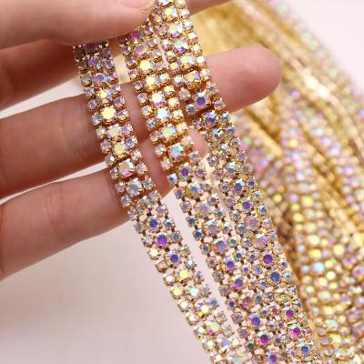 China Flatback 3 rows crystal trim rhinestone ab rhinestone cup chain s silver gold glass flat back crystal trim for shoes bags decoration for sale