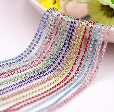 China Colorful Flatback One Row Sew On Rhinestone Cup Chain With 2 Ears S Silver Base Rhinestone Glass Trim For DIY Nail Art Cloth Sheos for sale