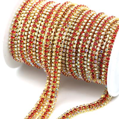 China Colorful 3 Row Flatback Rhinestone Cup Chain Sew On Rhinestone Mesh Trim For Clothes Jewelry Decoration for sale