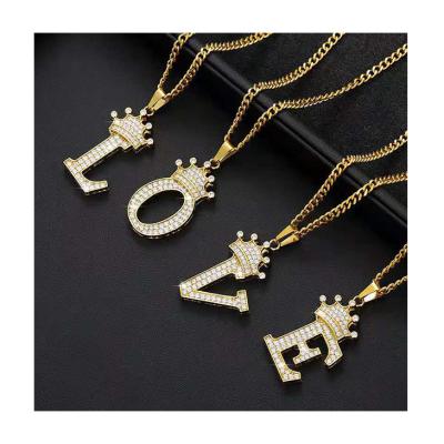 China Hiphop Stainless Steel Zircon Alphabet Necklaces Hiphop Pendant Women Men Crown Hip Hop Gold Chain Necklace Initial Letter Necklace for sale