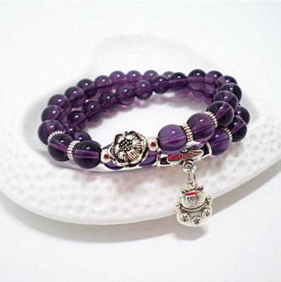 China Faux Stone Amethyst Black Agate Cute Kitten Flat Back Painting Oil Leaves Multi Layer Hand String Jewelry for sale