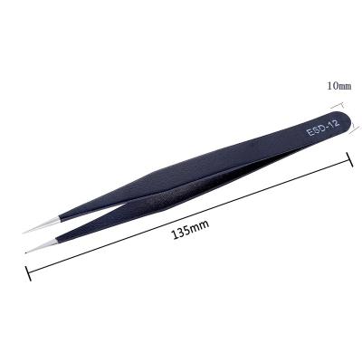 China High quality ESD-12 anti-static black stainless steel tweezers, electronics factory clamp components and chips for sale