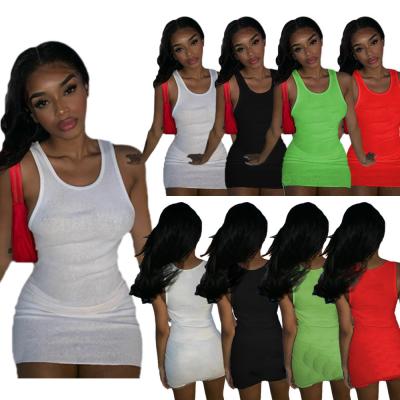 China 2021 Summer Sleeveless Solid Round Neck Women Dress Bodycon Anti-Static Knitting Ribbed Casual Outfits for sale