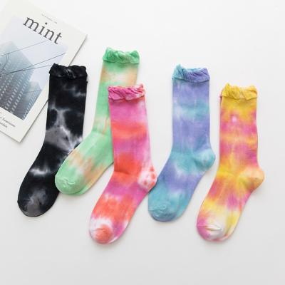 China Antibacterial Custom Tie Dye Jacquard Design Sports Crew Woman Bangs Ladies Tie Dye Long Socks for sale