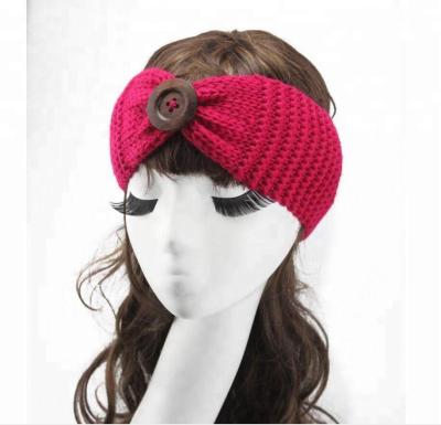 China Fabric Winter Warmer Knitted Headband Turban For Lady Women Crochet Bow Button Stretch Knit Headband Wool Headwrap Hair Accessories for sale