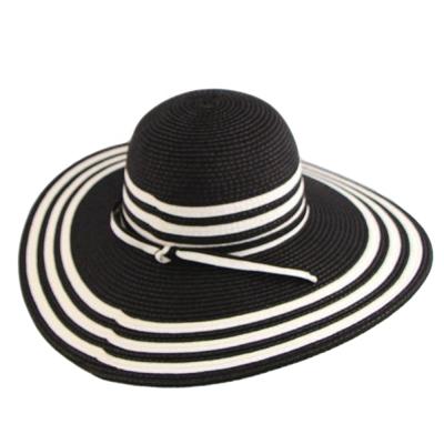 China White Stripes Women's Black Striped Straw Hat Beach Outdoor Sun Summer Protect 5 Inches Wide Brim Hat for sale