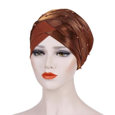 China 2022 Multifunctional Muslim women stretch pearl satin turban women sequin turban headbands for women for sale