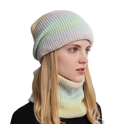 China 2022 COMMON Ombre Dye Gradient Knitted Hat Women Winter Hat And Scarf Set Warmer Earmuffs Hat for sale