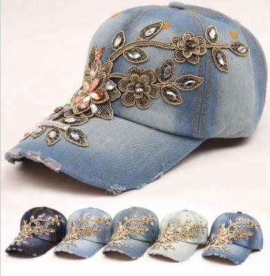 China New JOINT diamond-encrusted denim baseball hats, new design summer denim women's hat for sale