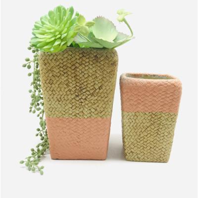 China Square Flower Pot Handmade Home Decor Chinese Style Cement Art Style Weaving Planting for sale