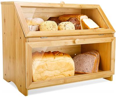 China Double Compartment Freshness Keeping Extra Large Bamboo Kitchen Countertop Bread Box With Clear Window for sale