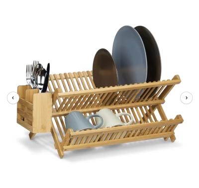 China Sustainable Double Seated Bamboo Wood Kitchen Above Sink Storage Racks Dish Drying Rack Rack Drainer for sale