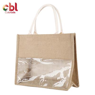 China Fashionable Green Canvas Folding Jute Tote Bag Tote Bag With Window Clear Jute PVC Canvas Shopping Bag for sale