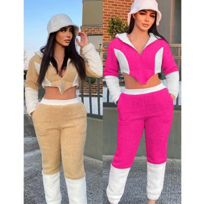 China Free Shipping Women's Breathable Clothing Amazon Fashion Teddy Velvet Color Set New Two Piece Active Wear Casual Suits Tracksuit for sale