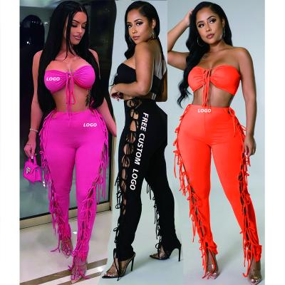 China Breathable Free Shipping Solid Women Clothes Wholesale Top Two Strapless Ladies Crop Bandage Sweat Suits 2 Pieces Pants Set for sale