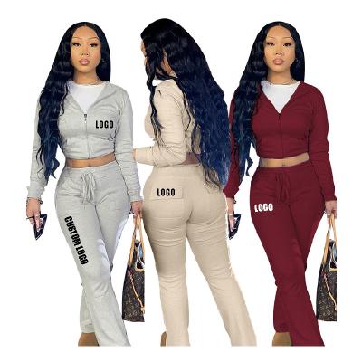 China New Plus Size Logo Fall Logo Crop Top And Rib Zipper Jogger Sweatpants Two Piece Solid Color Solid Color Hoodie Pants Suit Breathable Casual Set for sale