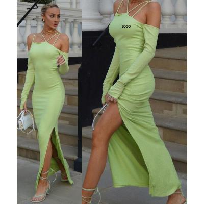 China New Drop Fashion Anti-Static Free Shipping Dress With Finger Sleeve Temperament Slit MIDI Party Dresses Solid Color Casual Dress for sale