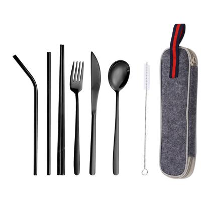 China Amazon Hot Sale 7Pcs Cutlery Stainless Steel Knife Fork Spoon Viable Reusable Chopsticks Set Travel Portable Flatware Set With Case for sale