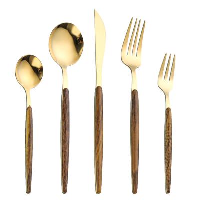 China Viable Reusable Portuguese Gold Flatware Plastic Wood Handle Stainless Steel Cutlery Silverware Set For Wedding Restaurant Festival for sale