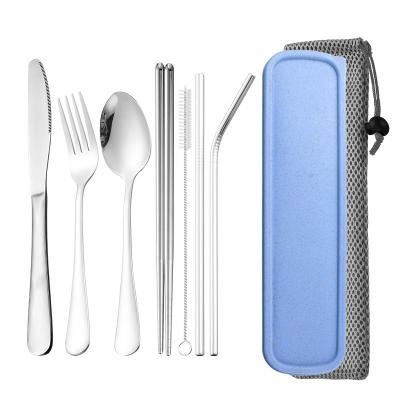 China Durable Portable Stainless Steel Flatware Set 7 Pieces Spoon Fork Knife Chopsticks Straw Brush Camping Travel Cutlery Set With Case for sale