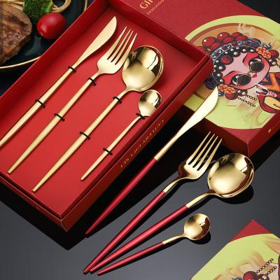 China Stainless Steel Viable Nordic Portuguese Cutlery Commercial Spoon Fork and Knife Set Luxury Royal Gold Colored Silverware with Gift Box for sale