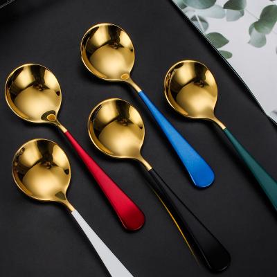 China Viable Newcomers Korean Style Gold Plated 304 Stainless Steel Spoons Bulk Metal Round Soup Spoon For Ramen Dessert Honey for sale