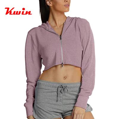 China Custom Logo Embroidery OEM Crop Hoodie Anti-wrinkle Zipper Solid Women Workout Hoodie for sale