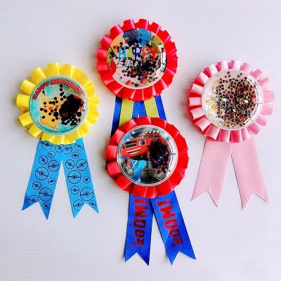 China Custom Recyled Rosette Confetti Pouch Award Rosette Satin Ribbon Award Rosette with Sequins for Birthday School Games and Celebration for sale