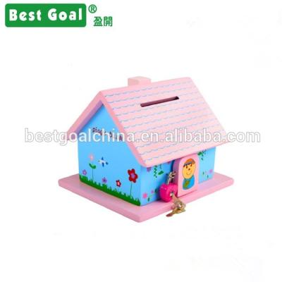 China Eco-friendly spring birthday gift wooden house shape decoration creative piggy bank with lock for sale