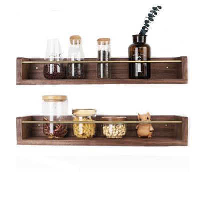 China Black Walnut Wood Sustainable Wall Mounted Hanging Shelf Rack With Metal Bar for sale