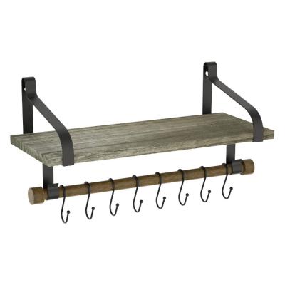 China Gray Wood Shelf Rack Rustic viable organizer with towel rack and 8 removable hooks for sale