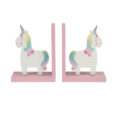 China Lovely Pink and Rainbow Multi Color Home Decoration Wooden Unicorn Bookends for sale