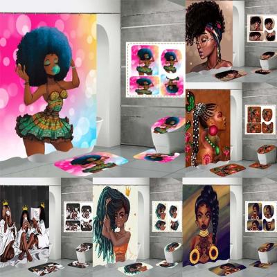 China America Latest Sustainable Luxury Black Girl 3D Print Shower Curtain Set For Bathroom for sale