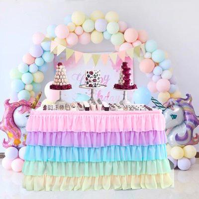 China Viable Unicorn Rainbow Birthday Party Celebration Decoration Ruffle 5 Layers Colorful Tulle Tablecloth for sale