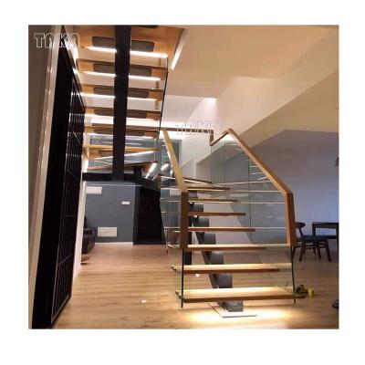 China Modern Customized Solid Wood Stairs With Led Lights Tempered Glass Railing Straight Staircase for sale