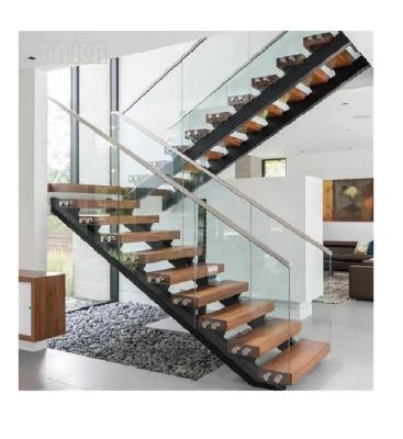 China Modern Interior Home Design Wood Tread Straight Staircase With Glass Standoff Balustrade Handrail for sale