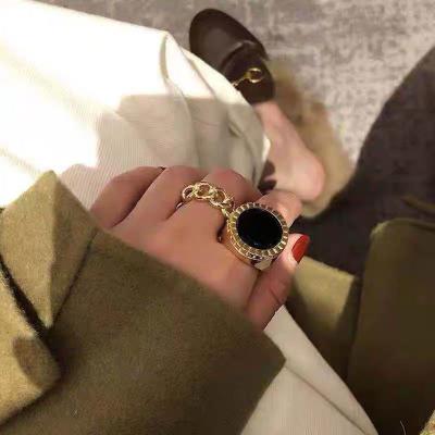 China European and American square shiny black agate fashion brass minimalist exaggerated ring men&women same net red ring fashionable for sale