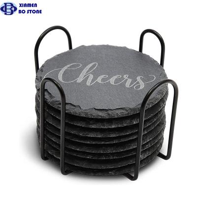 China Sustainable set of 8 natural round black slate stone coasters set with steel holder for beverage for sale