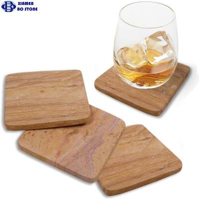 China Sustainable Wholesales Set Of Natural Sandstone 4 Square Coaster With Non-Slip Cork Bottom For Kitchen, Bath and Spa for sale