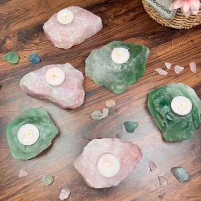 China Home Wholesale Natural Raw Crystal Rose Decoration Fluorite Crystal Green Candle Holder for sale