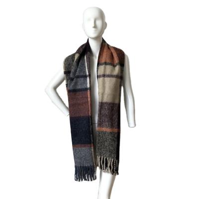 China Hot Selling Acrylic Women Brown Plaid Square Scarf With Long Tassel Trim for sale