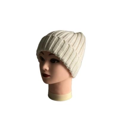 China JOINT Hot Selling White Rib Knit Beanie Hat With Faux Fur Pompom for sale