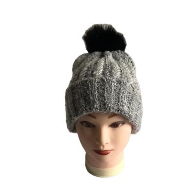 China JOINT Hot Selling Gray Rib Knit Beanie Hat With Faux Fur Pompom for sale