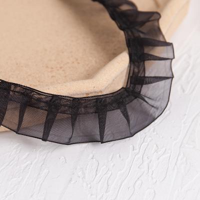 China DIY Workable Neckline Decoration Edge Garment Accessories Nylon Webbing Strap Roll Up White Pleated Mesh Lace Knitting Fabric With Beads for sale