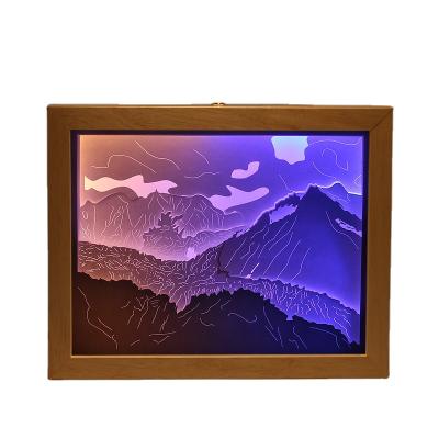 China Wholesale Bulk Cheap Plastic Snow Mountain 3D Lamp Shade Box Paper Cutting Wood Picture Frame with Custom Size and Color for sale