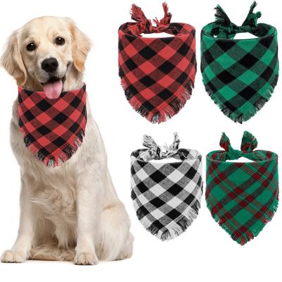 China Viable Wholesale Dog Bandana Plaid Pattern Cotton Fringing Triangular Pet Christmas Dog Bandana for sale