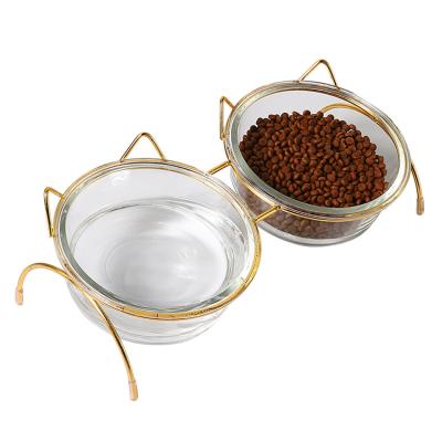 China Sustainable Elevated Cat Food Water Bowls With 15 Degree Inclined Double Raised Pet Feeder Bowl Raised Rack Cat Dog Bowls for sale