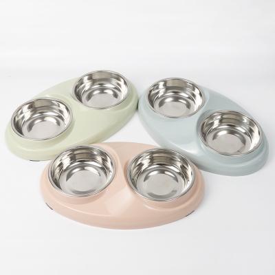 China Perfiso Stainless Steel Dog Cat Bowls Cute Modeling Pet Water Feeder Viable Double Bowls for sale