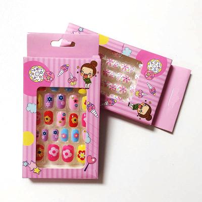 China Easy To Apply 24 Styles Non-Toxic Pink Kids Fake Nail ABS Candy Cartoon Kids Short Press On Nails Kids Detachable Finish Nails for sale