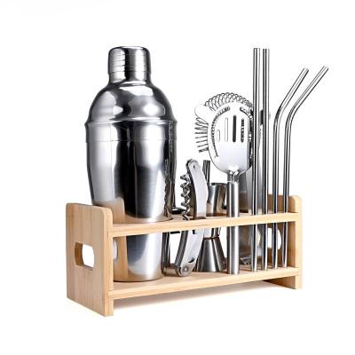 China Viable Hot Selling Amazon Bartender Kit 13 Piece Stainless Steel Cocktail Shaker Set With Bamboo Holder for sale